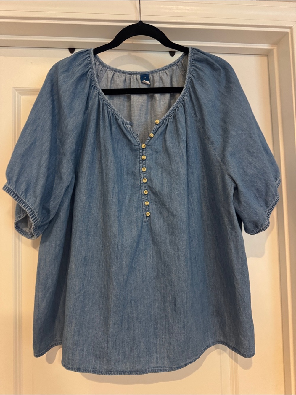 Old Navy Light Blue Denim Peasant Blouse with Button Front